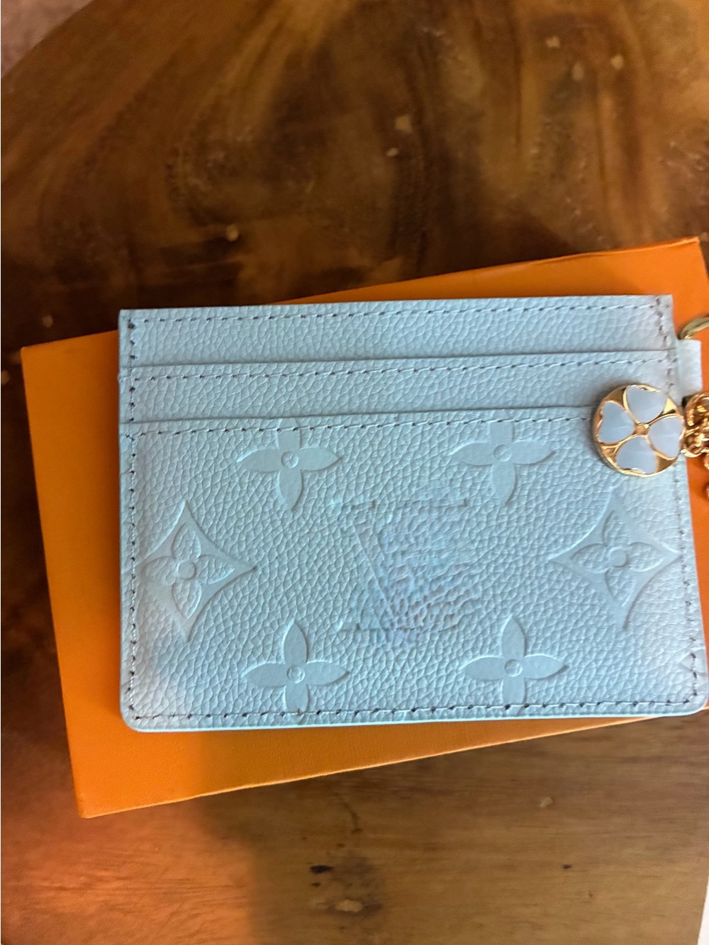 Source Unknown Pale Blue Embossed Monogram Card & Key Holder with Gold Charm
